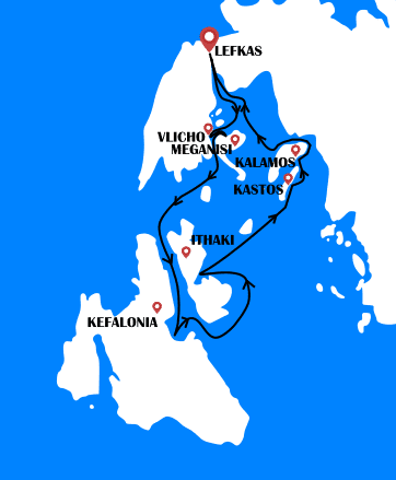 Map showing a 1-week sailing itinerary through the Ionian Islands, Greece.