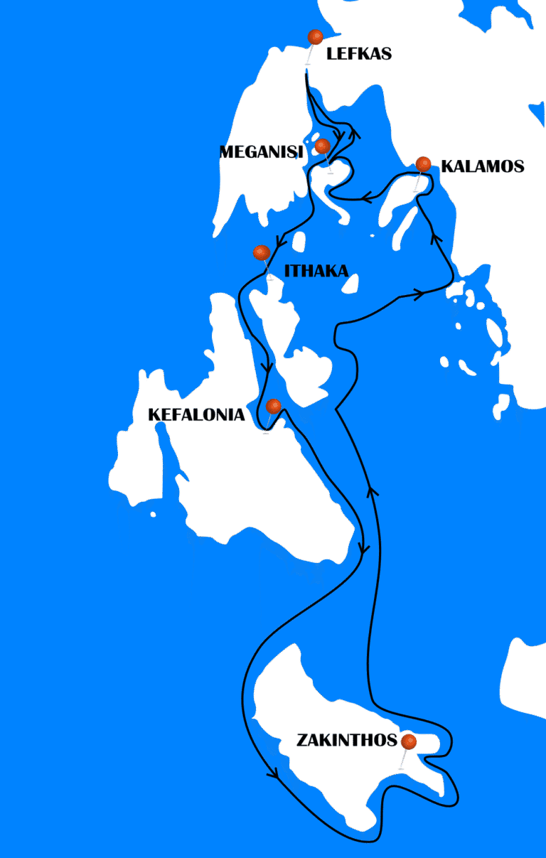 Route map for a 2-week Ionian sailing tour showing stops in Lefkas, Meganisi, Kalamos, Ithaka, and Kefalonia.