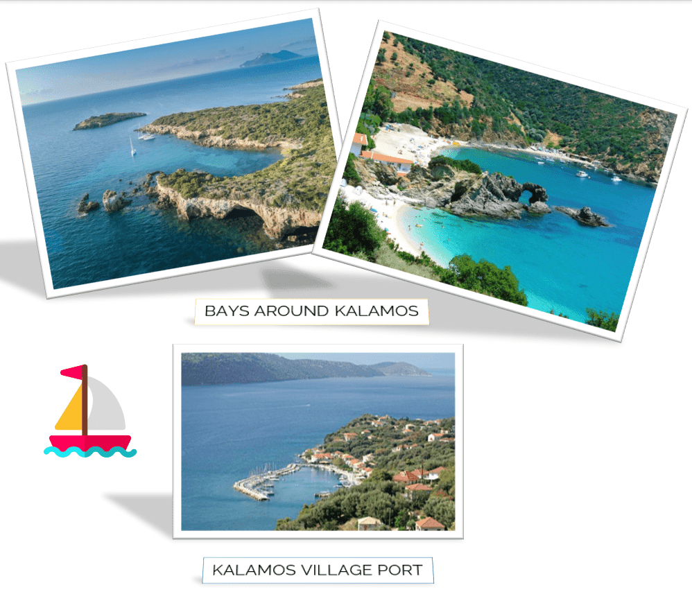 Aerial view of Kalamos Port and village on Kalamos Island, Greece