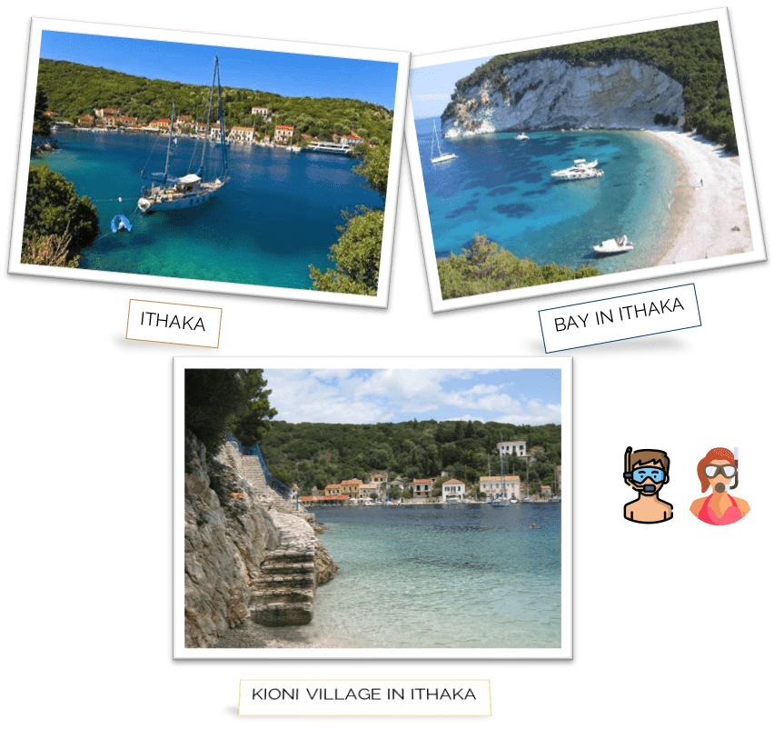 Day 3 sailing itinerary collage featuring Vathi harbor, a secluded bay, and Kioni village on Ithaca island.