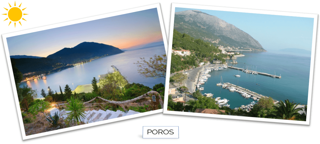 A collage showing two views of Poros in Kefalonia: a sunset view of the coastline and an aerial view of the yacht marina and lush green mountains.