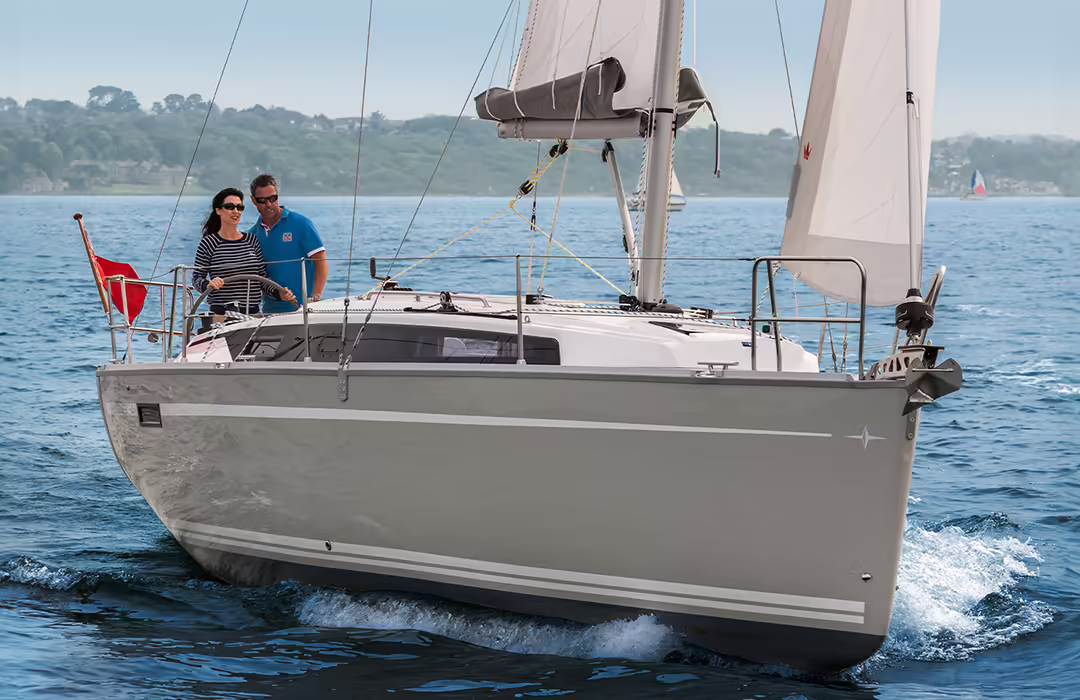 Modern Bavaria Cruiser 34 sailboat sailing in Greece, ideal for small groups and couples.