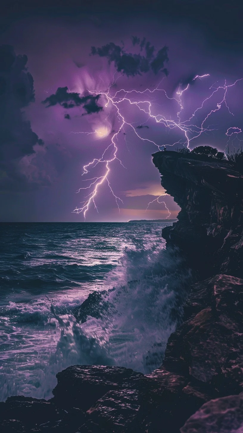Dramatic purple lightning over the Ionian Sea, representing sailing safety and weather preparation.