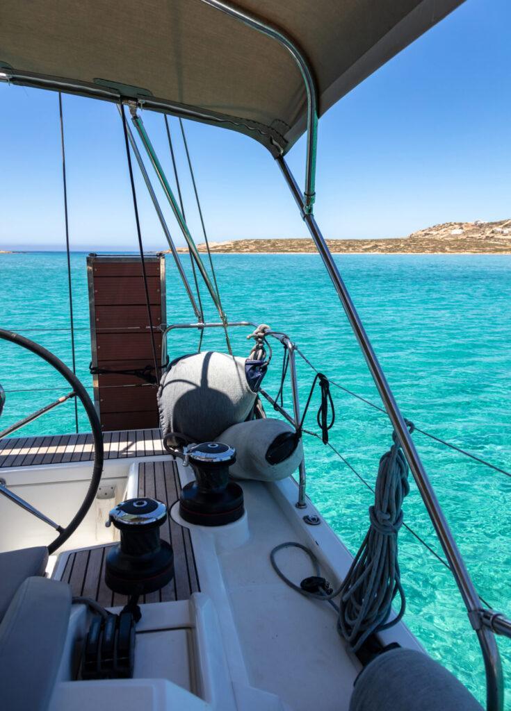 View from the helm of a yacht during a supported flotilla in Greece 2026.